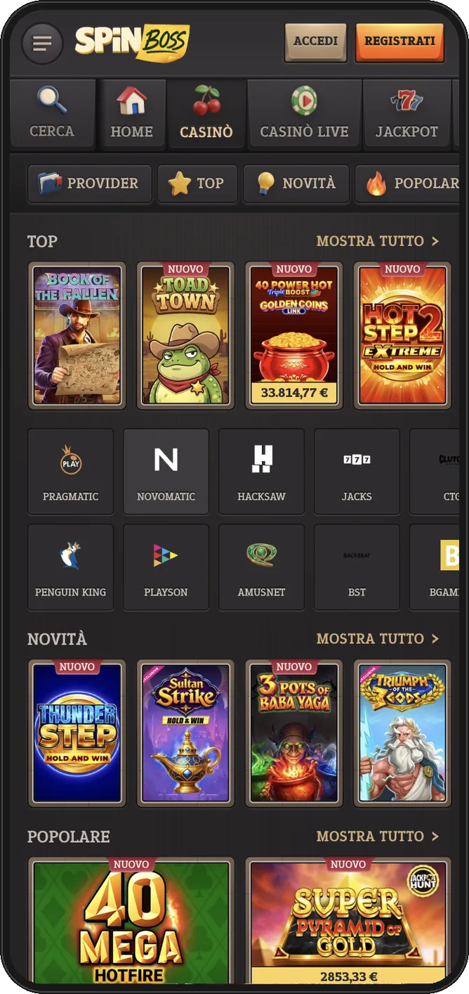 Sezione Giochi di SpinBoss da mobile: slot Top, Novità e Popolari con i filtri per provider