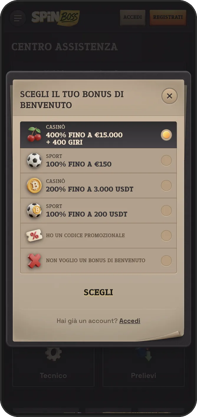 Registrazione su SpinBoss, passo 1: scelta del bonus di benvenuto da mobile